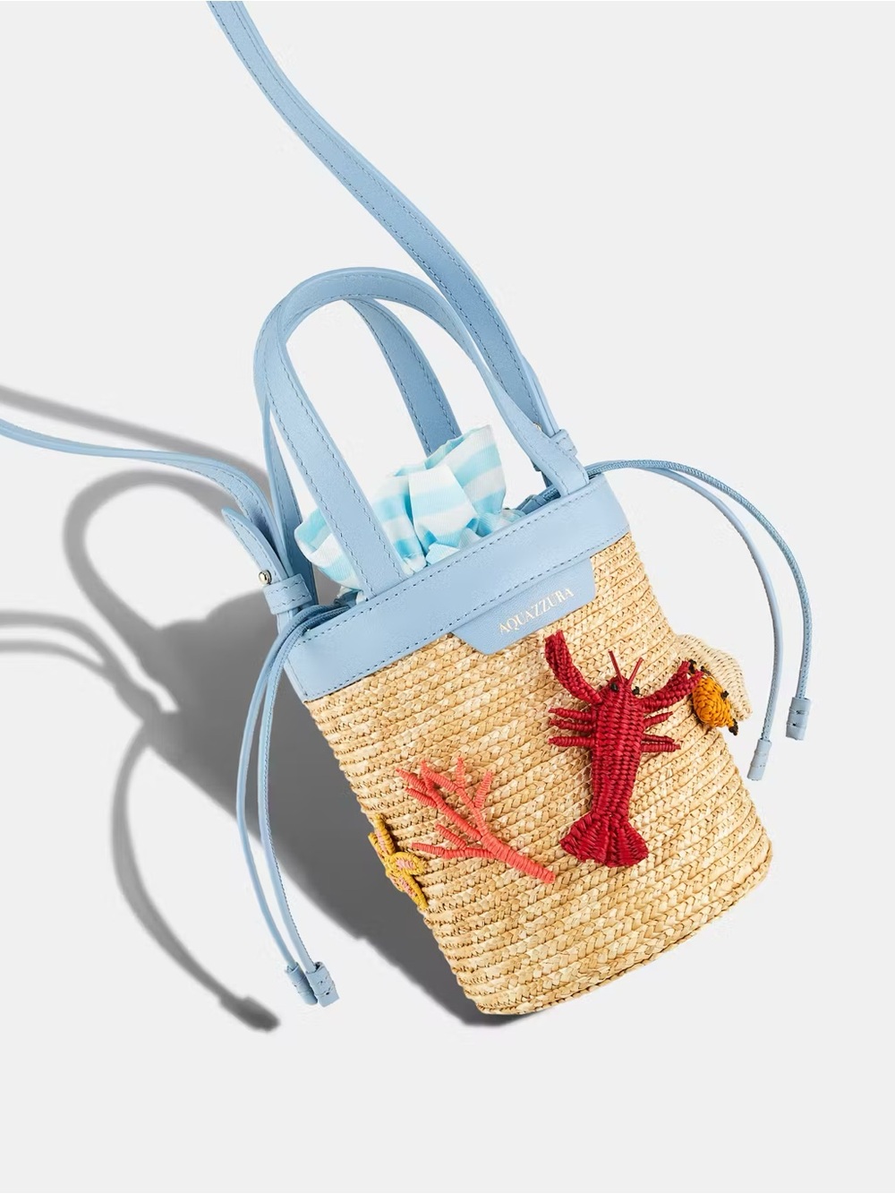Aquazzura Pale Blue Trim Straw Bucket Bag with Multicolor Embroidery - Picture 3 of 4